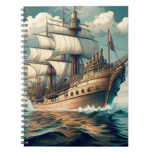 Een schilderij van een schip met de zeilen naar be notitieboek