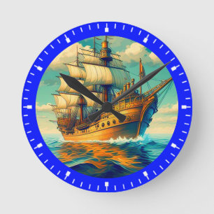 Een schilderij van een schip met de zeilen naar be ronde klok
