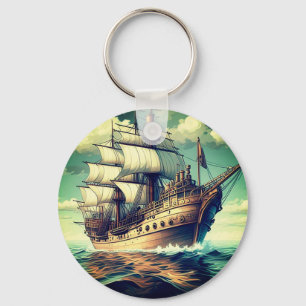Een schilderij van een schip met de zeilen naar be sleutelhanger