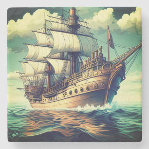 Een schilderij van een schip met de zeilen naar be stenen onderzetter