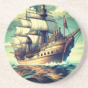 Een schilderij van een schip met de zeilen naar be zandsteen onderzetter
