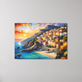 Een schilderij van een stad op een heuvel bij een  canvas afdruk