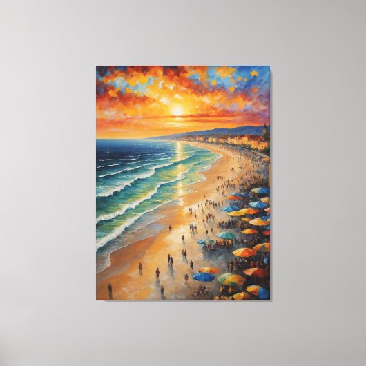 Een schilderij van een strand met mensen en parapl canvas afdruk (Voorkant)
