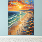 Een schilderij van een strand met mensen en parapl canvas afdruk (Insitu (Houten vloer))