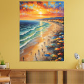 Een schilderij van een strand met mensen en parapl canvas afdruk (Insitu (Woonkamer))