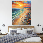Een schilderij van een strand met mensen en parapl canvas afdruk (Insitu (Slaapkamer))