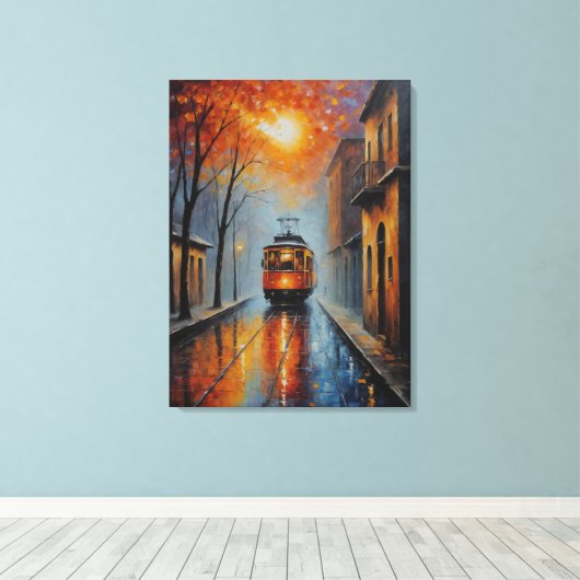Een schilderij van een trein op een natte straat canvas afdruk (Insitu (Houten vloer))