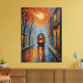 Een schilderij van een trein op een natte straat canvas afdruk (Insitu (Woonkamer))