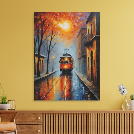 Een schilderij van een trein op een natte straat canvas afdruk (Insitu (Woonkamer))