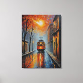Een schilderij van een trein op een natte straat canvas afdruk (Voorkant)