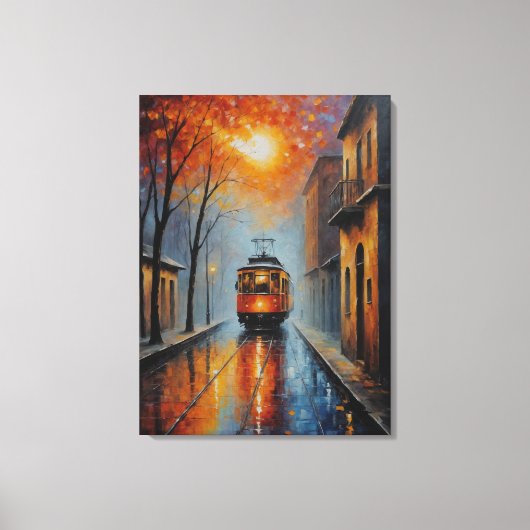 Een schilderij van een trein op een natte straat canvas afdruk (Voorkant)