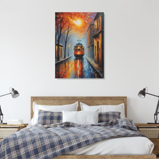 Een schilderij van een trein op een natte straat canvas afdruk (Insitu (Slaapkamer))