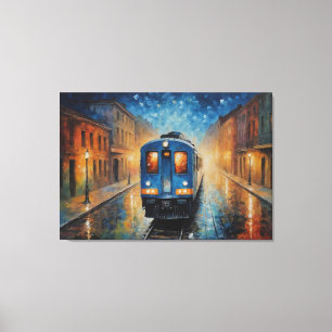 Een schilderij van een trein op een treinbaan canvas afdruk