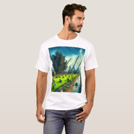 Een schilderij van een veld met een kraan erop t-shirt