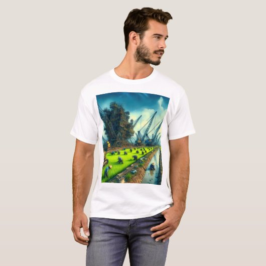 Een schilderij van een veld met een kraan erop t-shirt (Voorkant volledig)