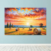 Een schilderij van een veld met hooibalen canvas afdruk (Insitu (Houten vloer))