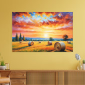Een schilderij van een veld met hooibalen canvas afdruk (Insitu (Woonkamer))