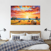 Een schilderij van een veld met hooibalen canvas afdruk (Insitu (Slaapkamer))