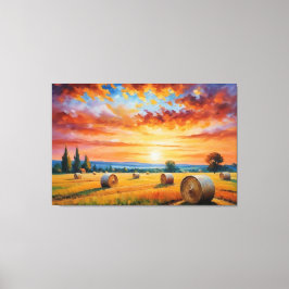 Een schilderij van een veld met hooibalen canvas afdruk