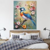 Een schilderij van een vogel op een tak met bloeme canvas afdruk (Insitu (Slaapkamer))