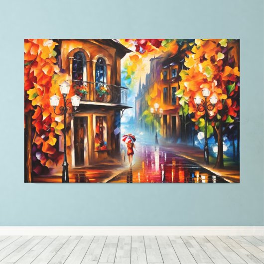 Een schilderij van een vrouw die een paraplu vasth canvas afdruk (Insitu (Houten vloer))