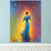 Een schilderij van een vrouw in een blauwe jurk canvas afdruk (Insitu (Houten vloer))