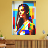 Een schilderij van een vrouw in een kleurrijke dre canvas afdruk (Insitu (Woonkamer))