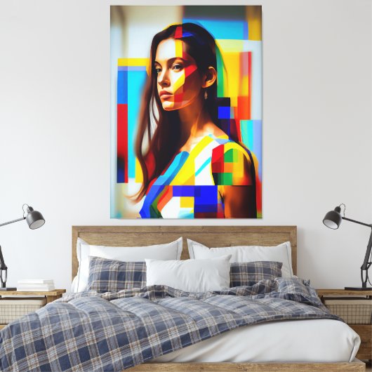 Een schilderij van een vrouw in een kleurrijke dre canvas afdruk (Insitu (Slaapkamer))