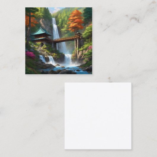 Een schilderij van een waterval in het midden van  vierkante visitekaartje (Voorkant / Achterkant)
