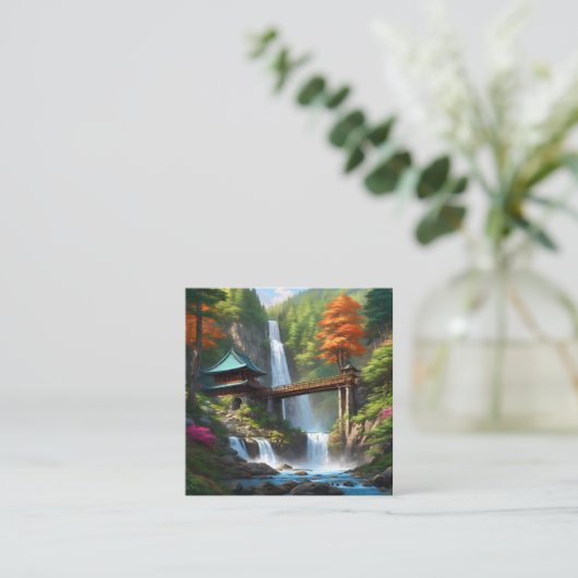 Een schilderij van een waterval in het midden van  vierkante visitekaartje (Staand voorkant)