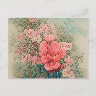 Een schilderij van roze bloemen in een blauwe vaas uitnodiging briefkaart