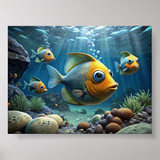 Een schilderij van vissen op de bodem van de rivie poster