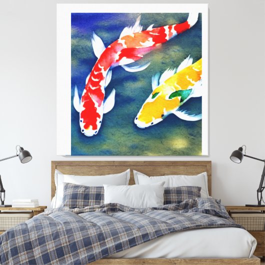 Een schilderij van waterverf koi Fish Canvas Afdruk (Insitu (Slaapkamer))