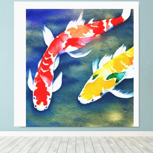 Een schilderij van waterverf koi Fish Canvas Afdruk (Insitu (Houten vloer))