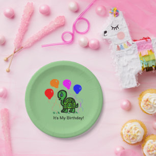 Een schildpad en ballonnen papieren bordje