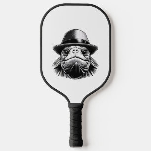 Een schildpad met een pet, een klassieke uitstrali pickleball paddle