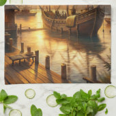 Een schip in de haven theedoek (Gevouwen)