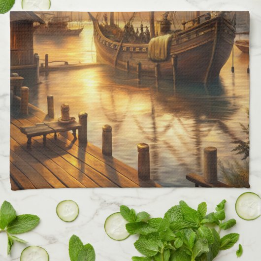 Een schip in de haven theedoek (Gevouwen)