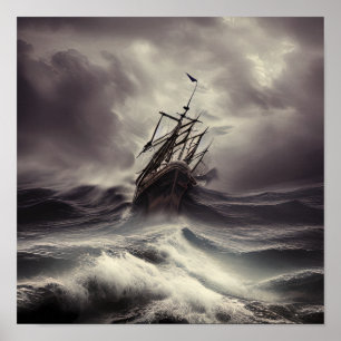 Een schip in een storm in de wilde Oceaan Poster