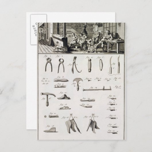 Een schoen en bootmaker en hun hulpmiddelen, van briefkaart (Voorkant / Achterkant)