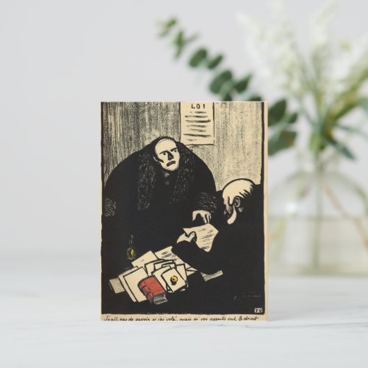 Een schuldige verdachte probeert een vraag te stel briefkaart (Staand voorkant)