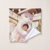 Een selfie met de pluizige reus bad handdoek (Wasdoekje)