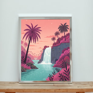 Een sereen landschap met weelderige palmbomen poster