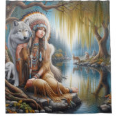 Een sereen moment aan de rivier met een wolf metge douchegordijn (Voorkant)