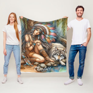 Een sereen moment tussen een Indiaan en een wolf Fleece Deken