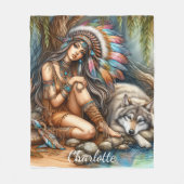 Een sereen moment tussen een Indiaan en een wolf Fleece Deken (Voorkant)