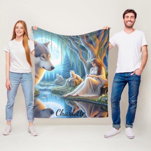 Een sereen moment tussen een Indiaan en een wolf Fleece Deken (In situ)