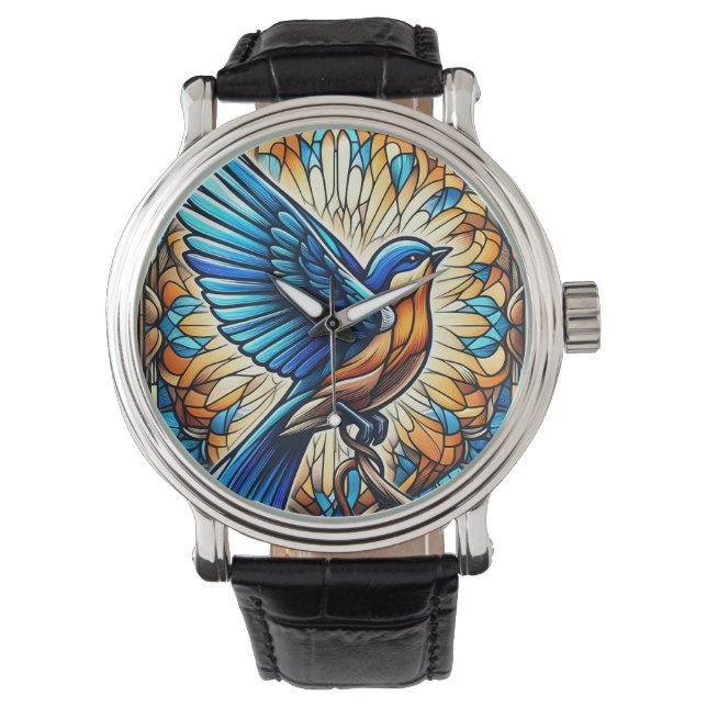 Een serene blauwvogel: Glas in lood kunstwerk Horloge (Voorkant)