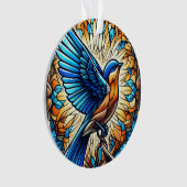 Een serene blauwvogel: Glas in lood kunstwerk Ornament (voorkant)