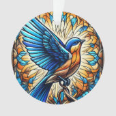 Een serene blauwvogel: Glas in lood kunstwerk Ornament (voorkant)